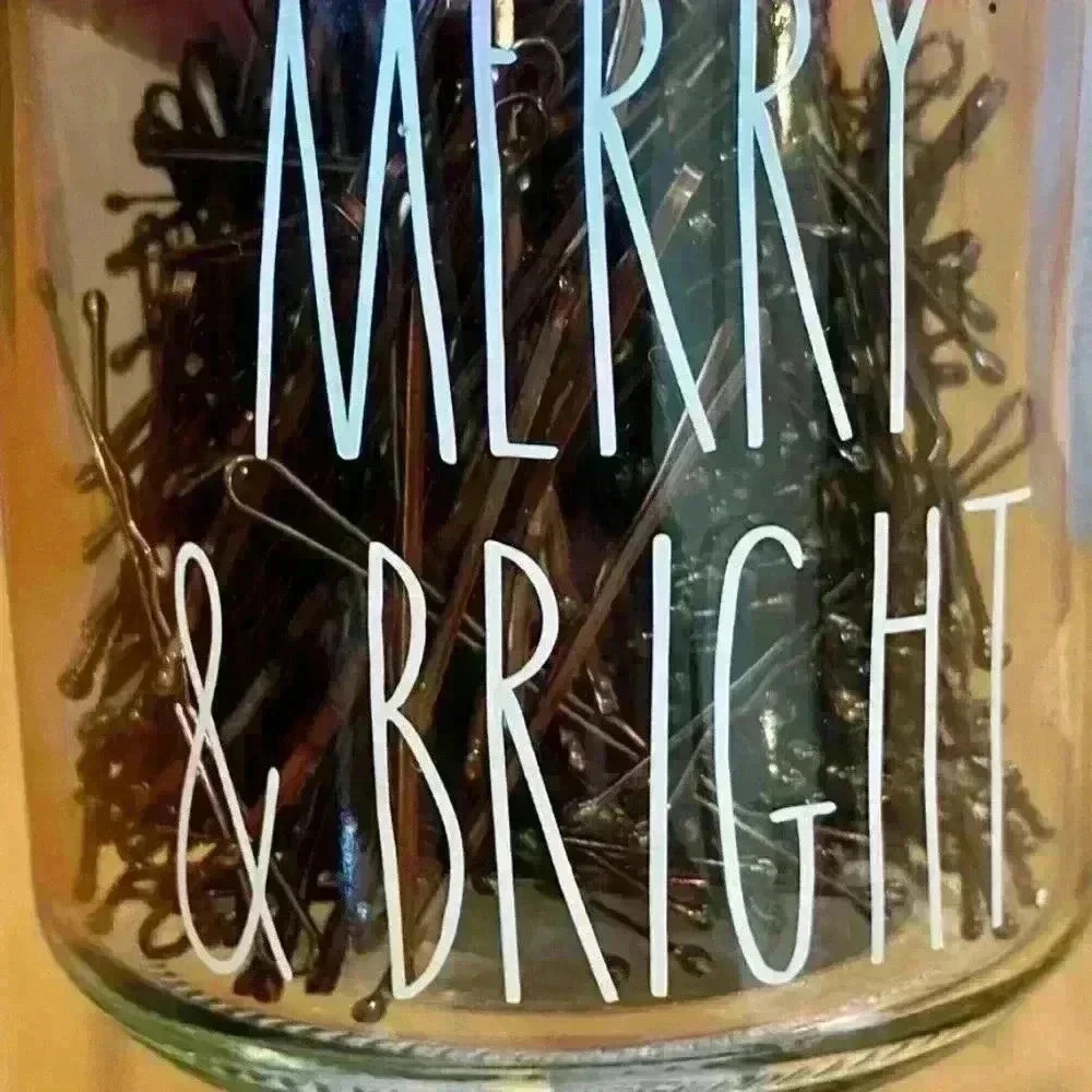 NEW 300 Bobby Pins MERRY & BRIGHT Adorable reusable glass jar w/ Lid by RAE DUNN - Picture 7 of 12